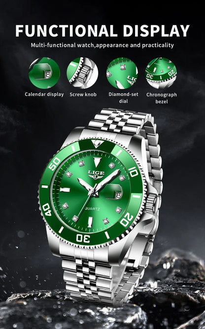 Reloj de lujo LIGE para hombre, reloj de cuarzo con esfera engastada de diamantes, resistente al agua, calendario, mariposa, doble cierre, acero inoxidable.