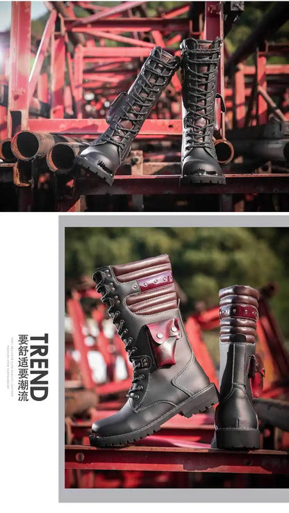 Botas altas de cuero para hombre, estilo motero, de invierno, estilo gótico punk, para hombre, estilo militar informal, para uso exterior.