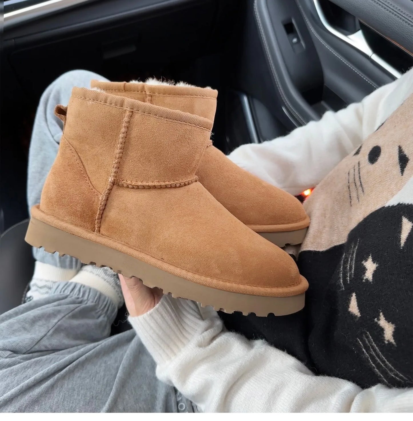 Botas de nieve integradas de piel de oveja y lana para hombres y mujeres, cuero auténtico y piel, botas de invierno gruesas y cálidas para mujer.