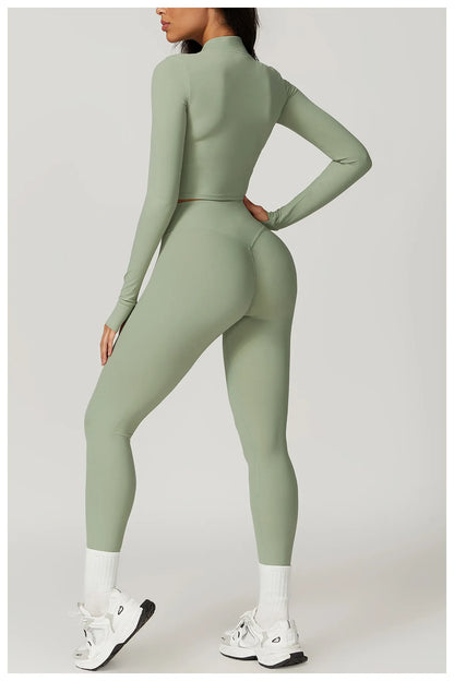 Conjunto de yoga de 3 piezas para mujer, conjuntos de entrenamiento, ropa deportiva para gimnasio, ropa deportiva con cremallera, leggings de manga larga y cintura alta, trajes deportivos, traje de yoga