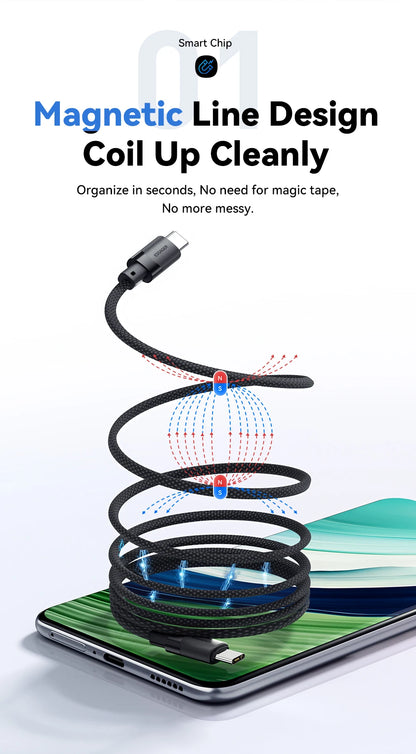 Cable de carga rápida USB-C a C Essager PD de 100 W con succión magnética y antienrollamiento para iPhone 15, portátil y Samsung.