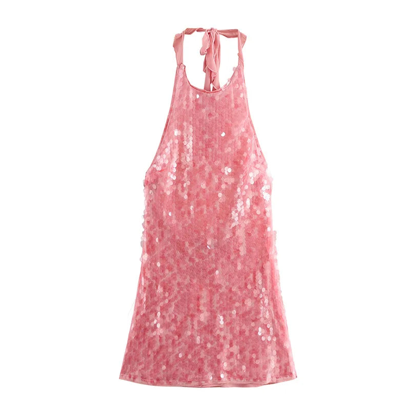 Vestido corto halter con lentejuelas y brillo para mujer, sin espalda, sin mangas, para fiestas de noche, vacaciones, cintura alta, sexy, nueva moda 2025.
