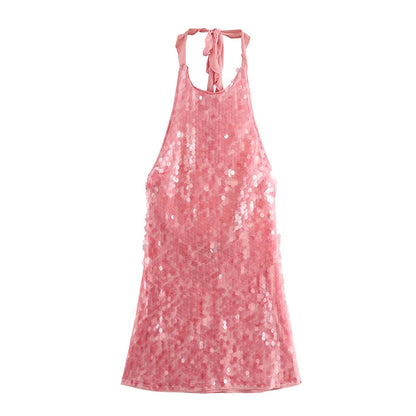 Vestido corto halter con lentejuelas y brillo para mujer, sin espalda, sin mangas, para fiestas de noche, vacaciones, cintura alta, sexy, nueva moda 2025.