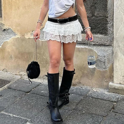 BIIKPIIK Faldas casuales con volantes de encaje, moda urbana, minifaldas para mujer que combinan con todo, ropa de fondo dulce, atuendo vintage sexy Y2K