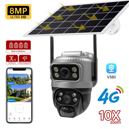 Cámara IP de seguridad V380 de doble lente, 4G, con detección humana PIR solar, visión nocturna, resistente al agua, 8MP, 4K, monitor CCTV con batería