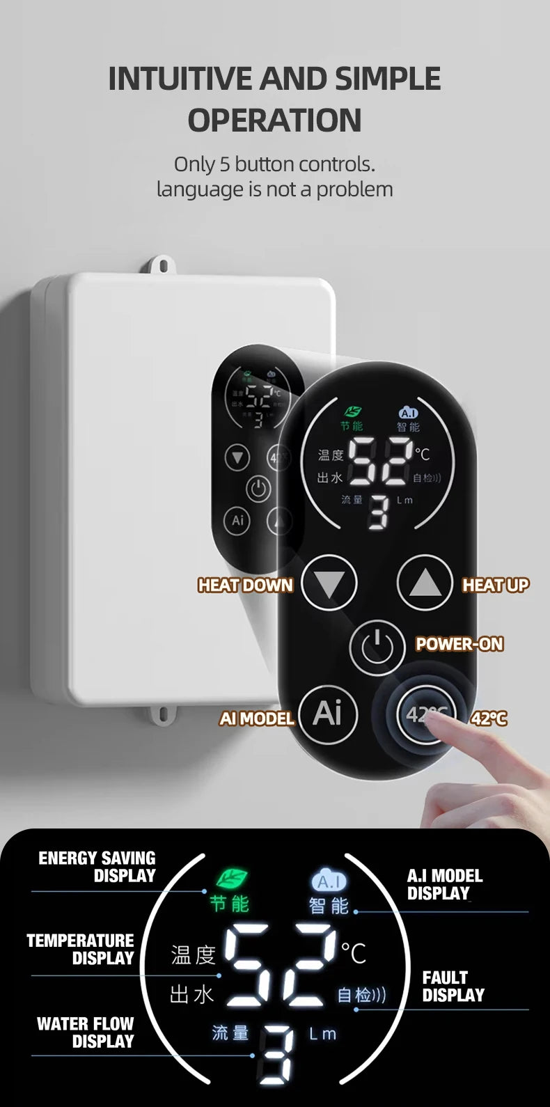 Calentador de agua instantáneo inteligente de pared con ducha eléctrica sin tanque y calentamiento rápido. Termostato para baño y cocina. 110V/220V