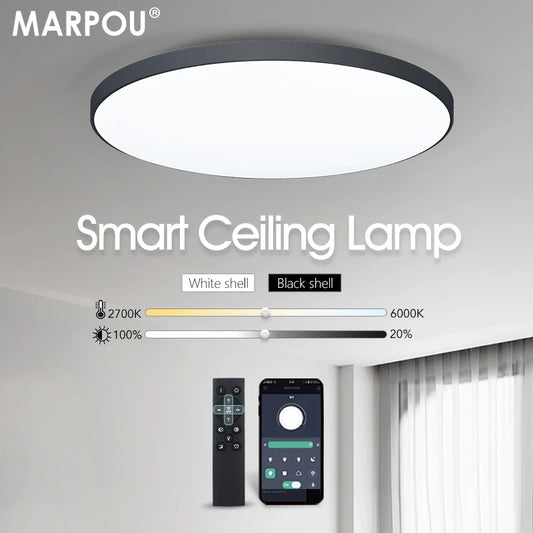 Lámpara de techo inteligente MARPOU con luz LED, ideal para dormitorios. Incluye control remoto y ajuste regulable. Perfecta para salas de estar y habitaciones.