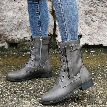 Botines de tacón cuadrado para mujer, botas de trabajo cortas de piel sintética para otoño e invierno, botas elásticas con cordones de talla grande para mujer 2024
