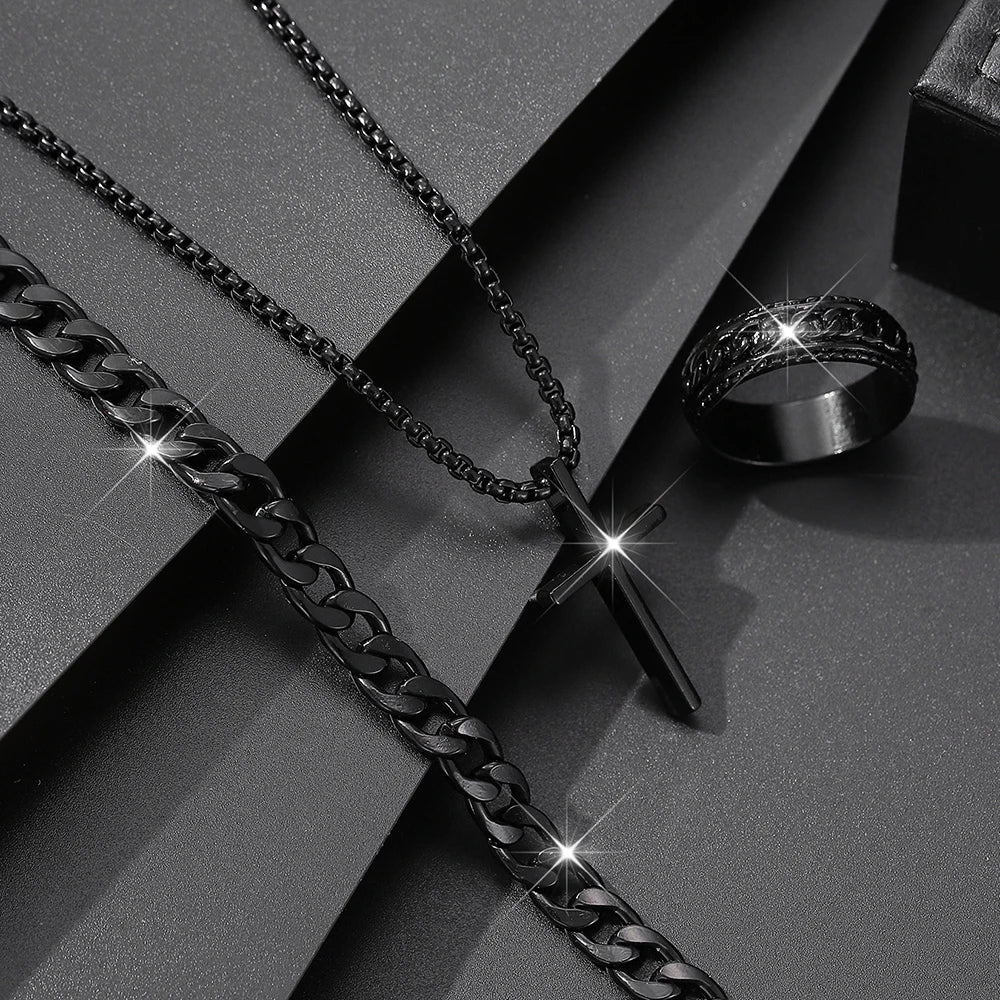 Conjunto de 3 piezas de joyería de aleación de moda para hombre: collar, pulsera y anillo con colgante de cruz.