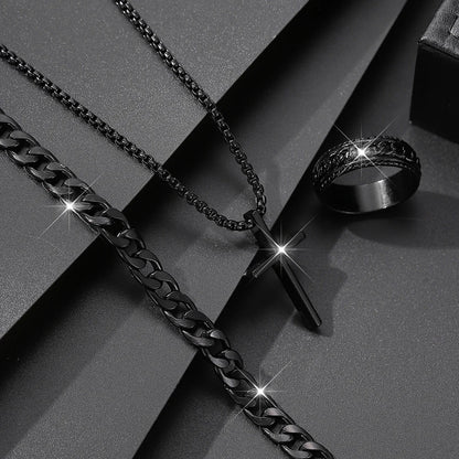 Conjunto de 3 piezas de joyería de aleación de moda para hombre: collar, pulsera y anillo con colgante de cruz.