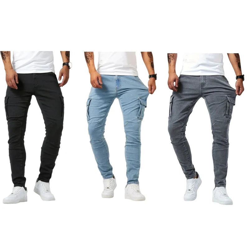 Pantalones vaqueros ajustados elásticos para hombre, pantalones vaqueros lisos de corte ajustado, pantalones cargo con múltiples bolsillos, pantalones casuales de moda para hombre