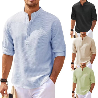 Camisas de manga larga de algodón y lino para hombre, de gran oferta, para primavera y otoño, de color liso, con cuello alto, estilo playero informal, tallas grandes S-5XL
