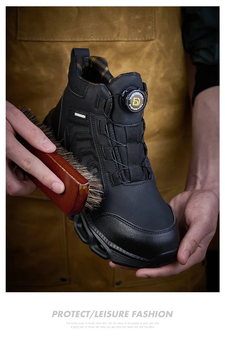 Zapatos de seguridad para hombre, de caña alta, universales para las cuatro estaciones, con hebilla giratoria antideslizante, puntera de acero, antiaplastamiento y antiperforación.
