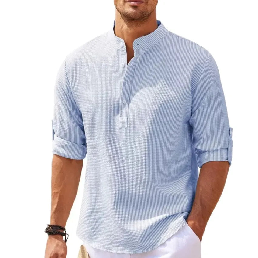 Camisas de manga larga de algodón y lino para hombre, de gran oferta, para primavera y otoño, de color liso, con cuello alto, estilo playero informal, tallas grandes S-5XL