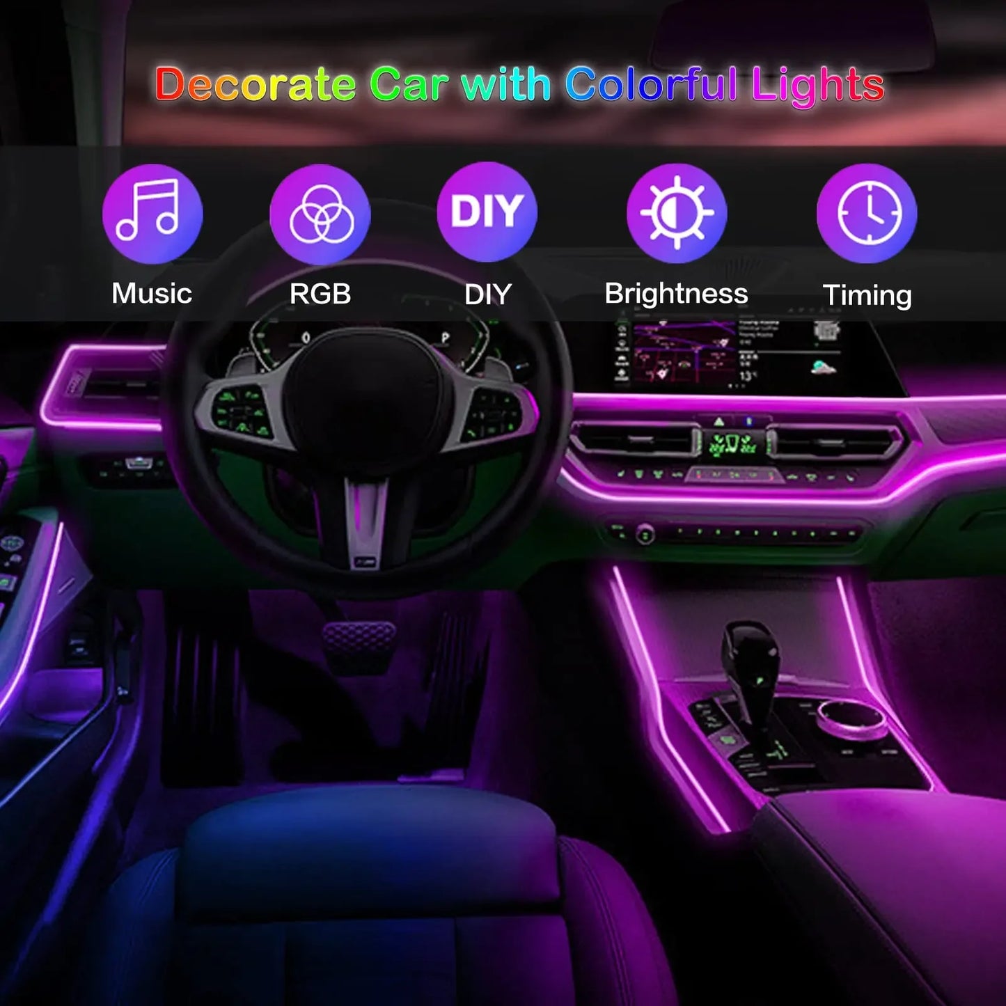Tira de luces LED para ambiente interior de coche, RGB, fibra óptica, iluminación de neón con control remoto por aplicación, lámparas decorativas para coche