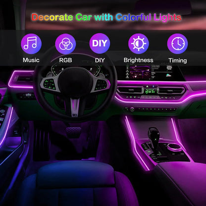 Tira de luces LED para ambiente interior de coche, RGB, fibra óptica, iluminación de neón con control remoto por aplicación, lámparas decorativas para coche