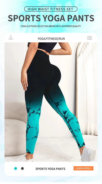 Pantalones de yoga con efecto tie-dye degradado, sin costuras, para mujer, para correr y hacer deporte, cintura alta y levantamiento de cadera, ropa de fitness elástica ajustada.
