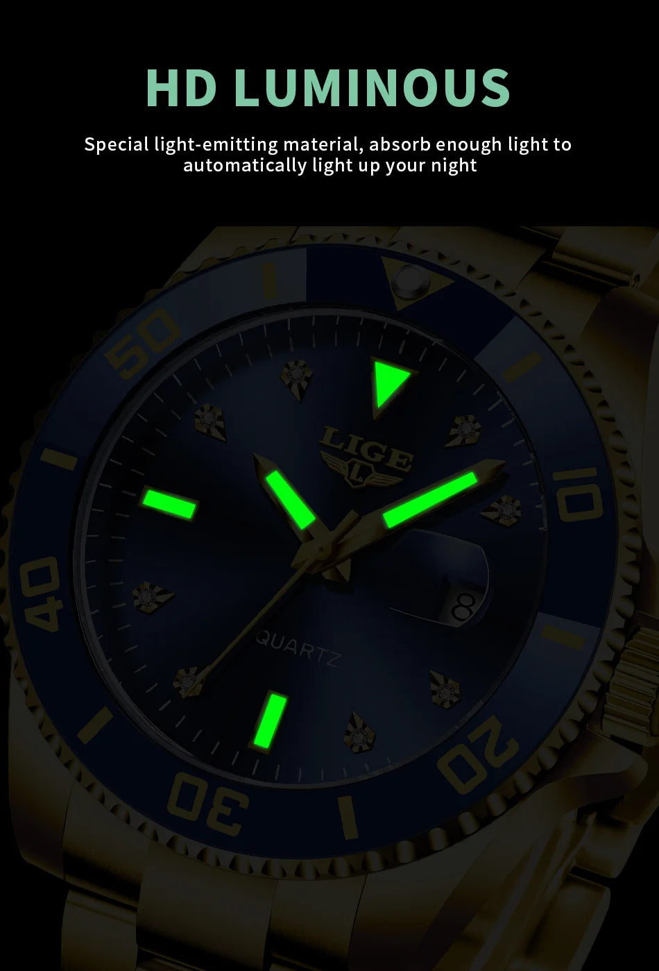 Relojes de moda LIGE para hombre, de lujo, luminosos, con calendario, para negocios, resistentes al agua, cronógrafo, de acero inoxidable, de cuarzo.