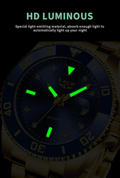 Relojes de moda LIGE para hombre, de lujo, luminosos, con calendario, para negocios, resistentes al agua, cronógrafo, de acero inoxidable, de cuarzo.