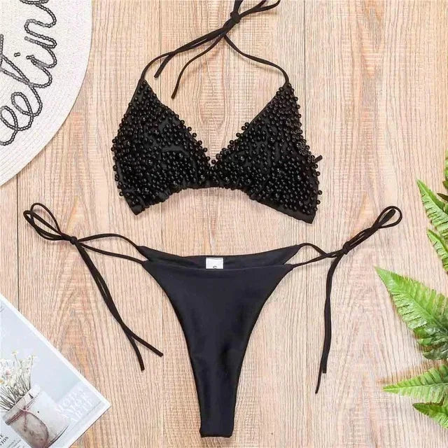Bikini de lujo con perlas y escote halter, mini bikinis, micro bikinis, traje de baño femenino, conjunto de bikini de dos piezas, traje de baño para mujer