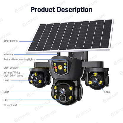 Cámara solar inalámbrica WiFi DIFANG V380 Pro para exteriores con tres pantallas, tarjeta SIM 4G y batería. Sistema de videovigilancia solar con tres lentes y batería.
