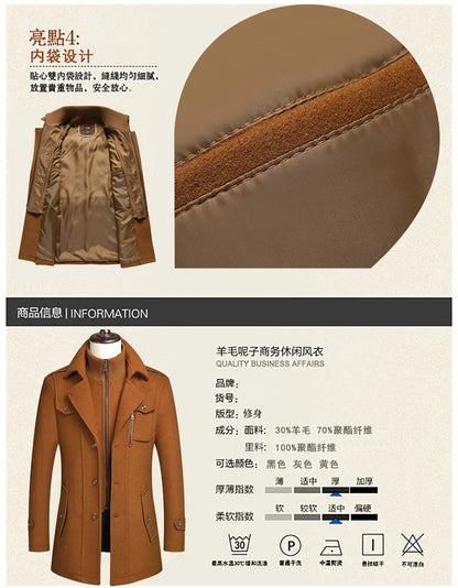 Abrigo de lana de doble cuello para hombre, elegante y moderno, ideal para otoño e invierno, estilo ejecutivo. Alta calidad. Abrigo de lana de moda para hombre de mediana edad.