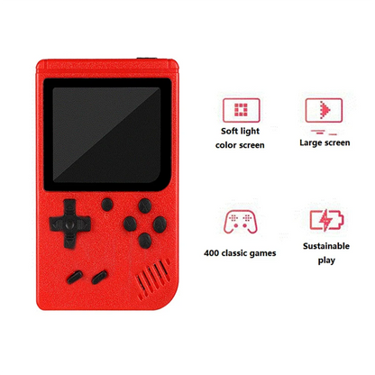Una pequeña consola de juegos portátil para niños con juegos clásicos retro rojos con cientos de juegos que se pueden cargar y se pueden conectar al televisor.