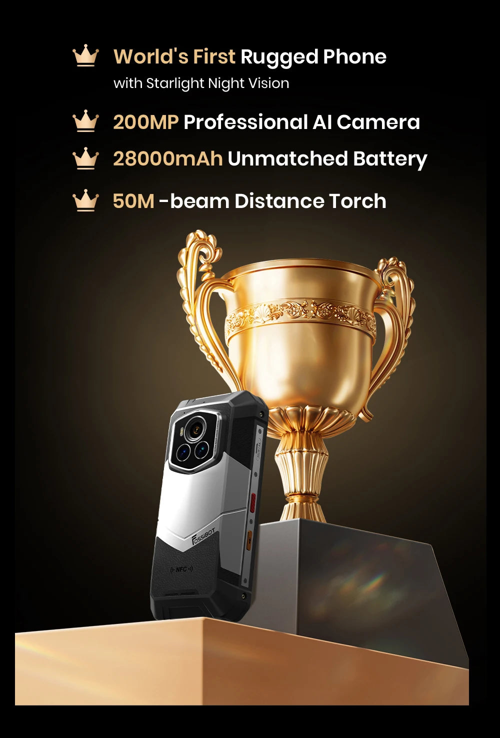 Teléfono móvil resistente Fossibot F107 Pro, 30 (12+18) GB + 512 GB, Android 15, batería de 28000 mAh, carga rápida de 66 W, cámara de 200 MP + 32 MP, 5G, NFC/GPS, doble linterna brillante.