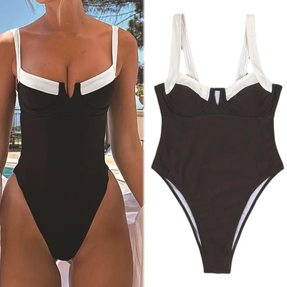 Traje de baño modesto con escote en V y control de abdomen para mujer, traje de baño adelgazante de retazos para vacaciones de verano, viajes a la playa.