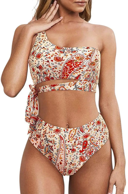Bikini de un solo hombro para mujer, traje de baño dividido, color liso, traje de baño de playa de verano, traje de baño para mujer