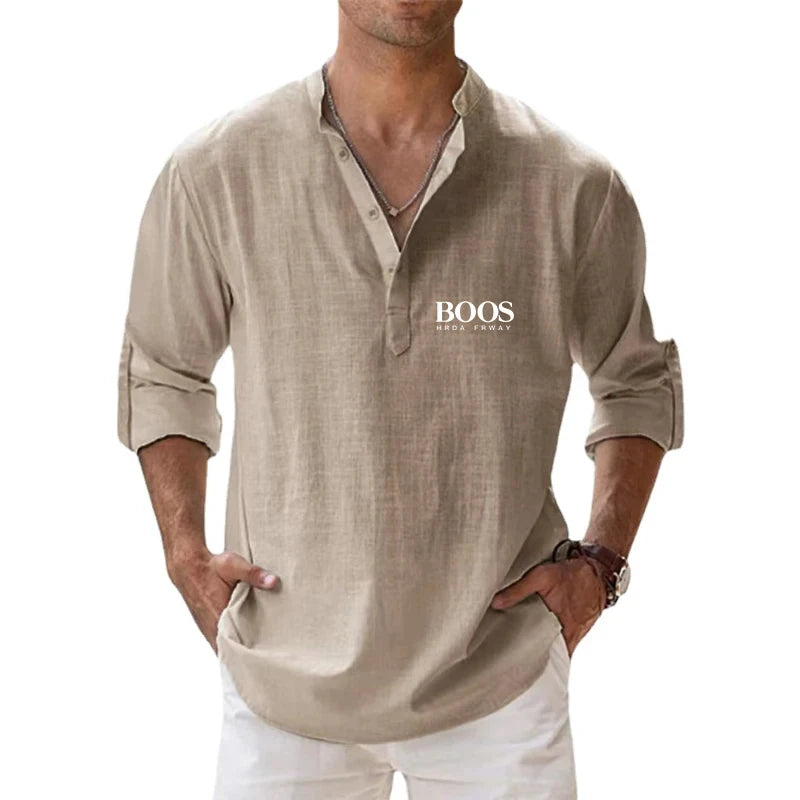 Camisa de lino 100 % algodón de manga larga con bordado de alta calidad para hombre, nueva camiseta informal holgada de negocios para otoño