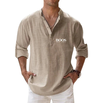 Camisa de lino 100 % algodón de manga larga con bordado de alta calidad para hombre, nueva camiseta informal holgada de negocios para otoño