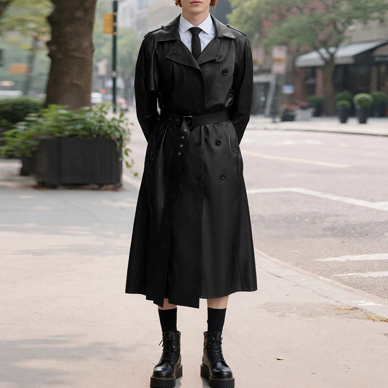 Abrigo INCERUN para hombre, de piel sintética lisa, con solapa, manga larga, estilo gabardina informal, estilo punk urbano, cortavientos.