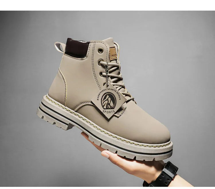 Botas altas de piel para hombre, zapatos de moda para motociclista, botines de invierno con cordones, botas vaqueras.