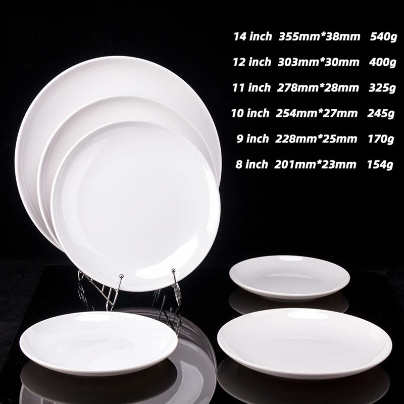 Plato redondo de melamina blanca de 8-14 pulgadas para cena, bandejas para carne estilo occidental, vajilla de hueso para postre, platos de plástico de imitación de porcelana.
