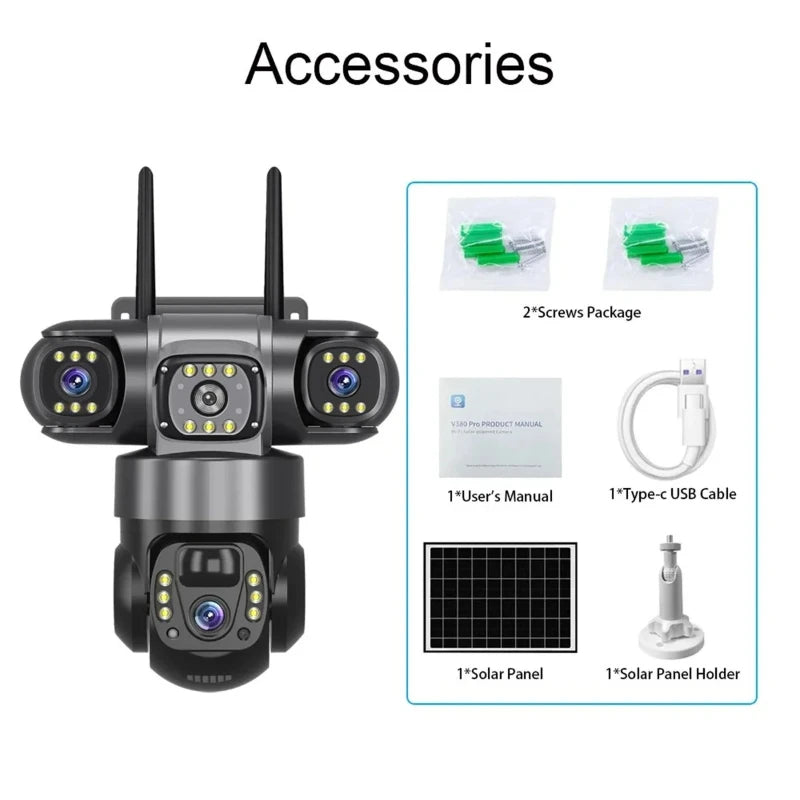 Cámara IP WiFi de 15 MP y 8K con tres lentes, resistente al agua y con carga solar para exteriores. Incluye visión nocturna, audio bidireccional y detección humana. Cámara de seguridad CCTV.