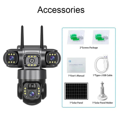 Cámara IP WiFi de 15 MP y 8K con tres lentes, resistente al agua y con carga solar para exteriores. Incluye visión nocturna, audio bidireccional y detección humana. Cámara de seguridad CCTV.