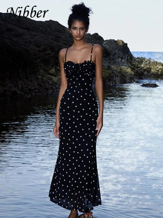Vestido Nibber de verano, estilo moderno, con escote barco, estampado de lunares, tirantes finos, corte ajustado, elegante, estilo maxi, ideal para salir de fiesta.