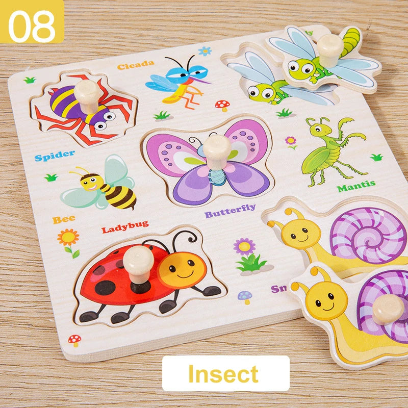 Rompecabezas de madera Montessori, juguetes para niños, dibujos animados de animales, tráfico, tableros de agarre, juguetes educativos de aprendizaje temprano para niños.