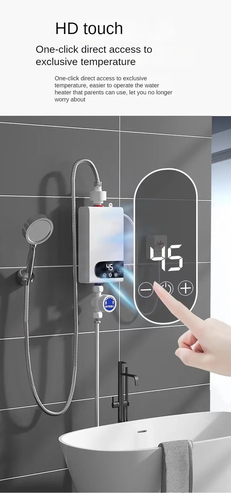 Calentador de agua eléctrico instantáneo con función de memoria, conversión de frecuencia y temperatura constante. 220 V, 4500 W.