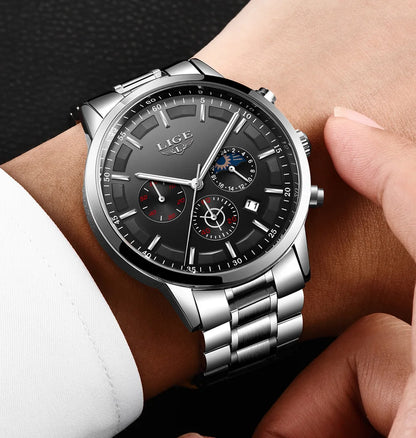 LIGE - Reloj de negocios para hombre, de cuarzo, de lujo, resistente al agua, 3 barras, cronógrafo luminoso, regalo + caja
