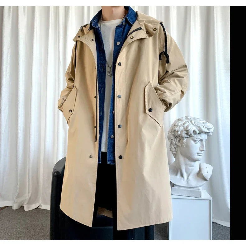 Gabardina de hombre, nueva chaqueta larga con capucha, estilo casual y cortavientos, ideal para otoño. Moda urbana coreana. Ropa masculina.