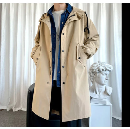 Gabardina de hombre, nueva chaqueta larga con capucha, estilo casual y cortavientos, ideal para otoño. Moda urbana coreana. Ropa masculina.