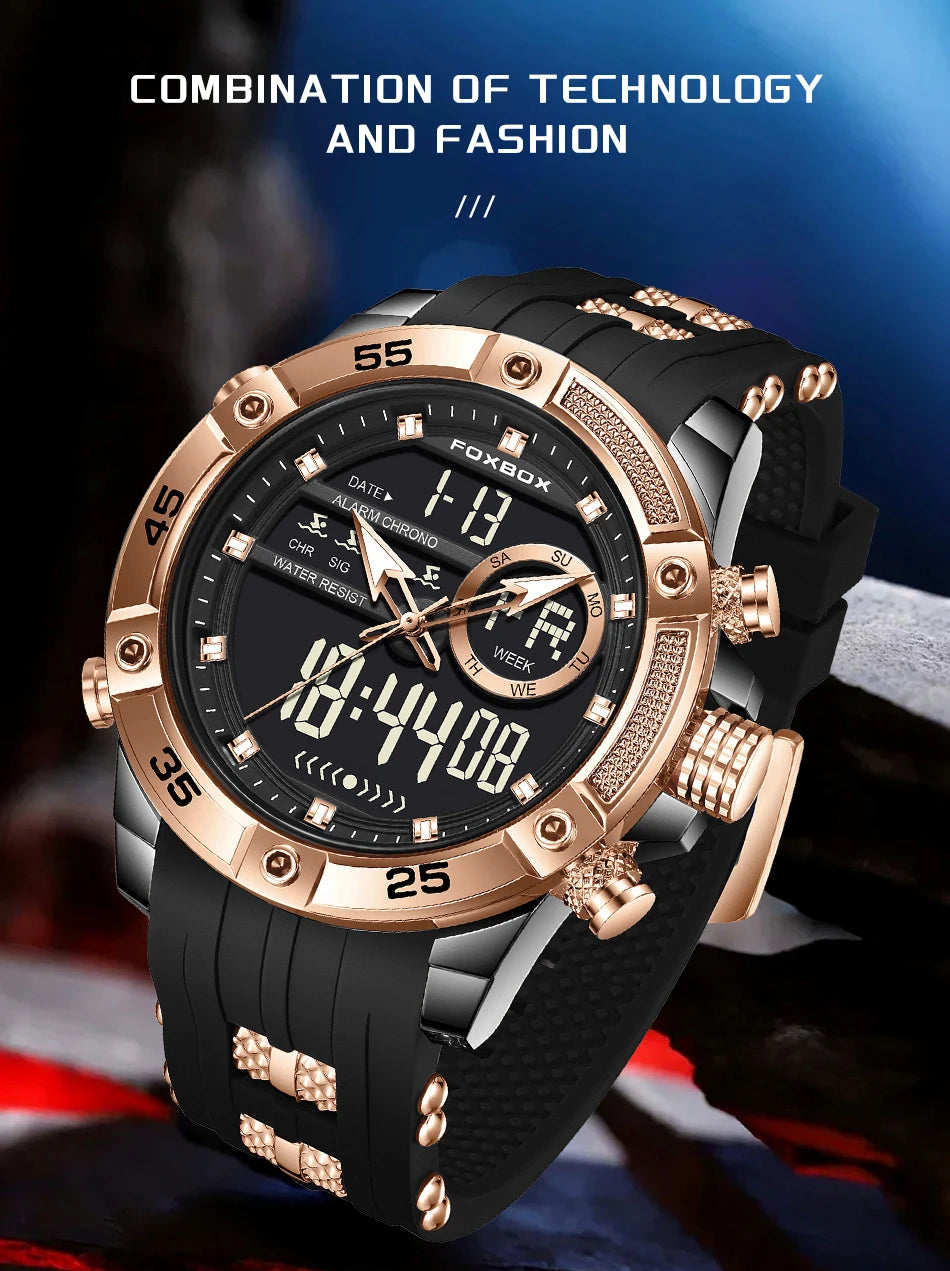 Reloj de pulsera de cuarzo de lujo FOXBOX para hombre, deportivo, impermeable, con doble pantalla, LED digital militar, de acero, para negocios + caja.