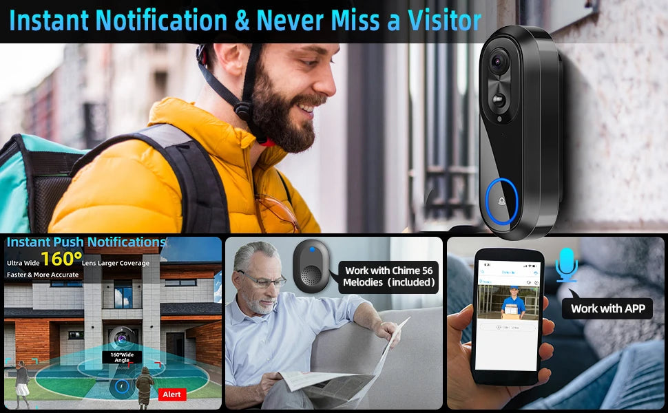 Videoportero inalámbrico 5G/2.4G WiFi 1080P con cámara de intercomunicación inteligente, compatible con la aplicación Tuya, resistente al agua IP65 y batería de 7000 mAh.