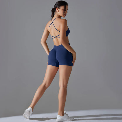 Conjunto deportivo de yoga, mallas de gimnasio de secado rápido, tirantes cruzados con absorción de impactos, pantalones cortos de ciclismo para mujer, entrenamiento de yoga.