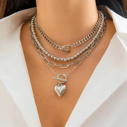 Juego de 4 collares con colgante de corazón estilo punk dorado para mujer, gargantilla de cadena con cuentas y hebilla OT, accesorios de joyería Y2K 2024
