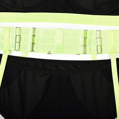 Conjunto de lencería sexy para mujer, con panel de encaje, escote en V profundo, glúteos abiertos, tirantes con forma de corazón de melocotón, cadena cruzada, liguero, ropa interior de tres piezas