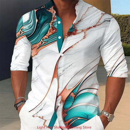 Camisa de hombre con estampado abstracto de mármol y arte líquido. Camisa de cuello alto, manga larga, estilo casual, cómoda para el día a día, vacaciones y fiestas.