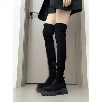 Botas hasta la rodilla para mujer, otoño invierno 2024, nuevas botas largas de talla pequeña, botas universitarias largas elásticas, botas cuadradas de tacón...